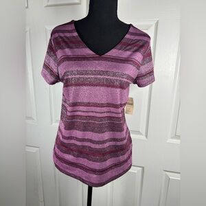 Coldwater Creek Purple & Berry Striped V-Neck Short Sleeve Top